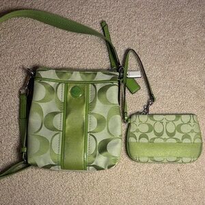 Coach Y2K Signature Monogram Green Crossbody Bag and Matching Wristlet/Wallet
